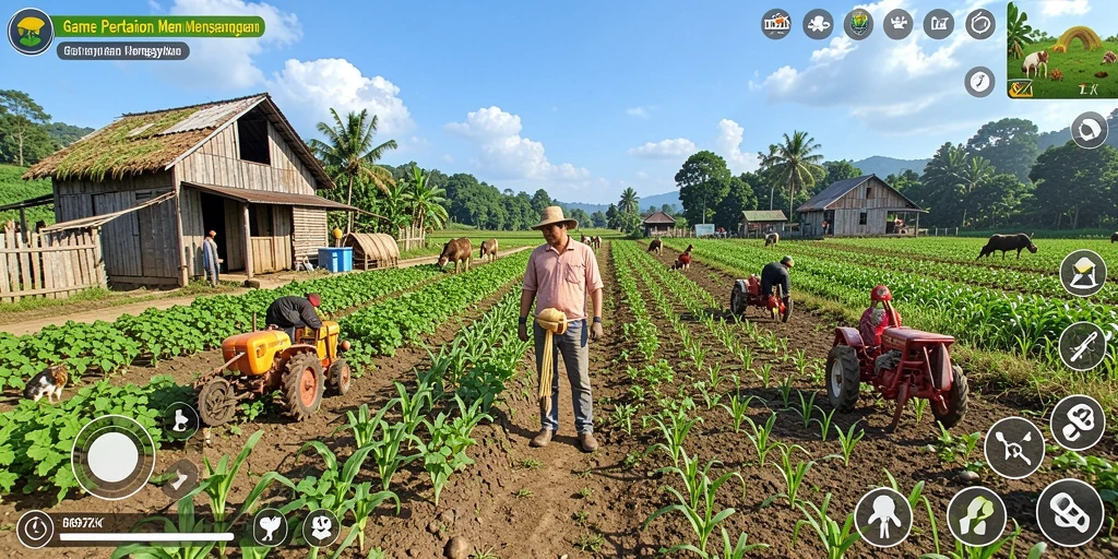 Tampilan gameplay 369ZK dengan lahan pertanian yang luas dan beragam tanaman.