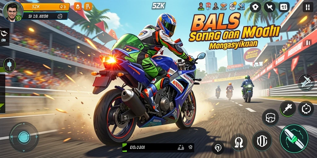 Screenshot permainan 5ZK menunjukkan aksi balapan motor yang seru.