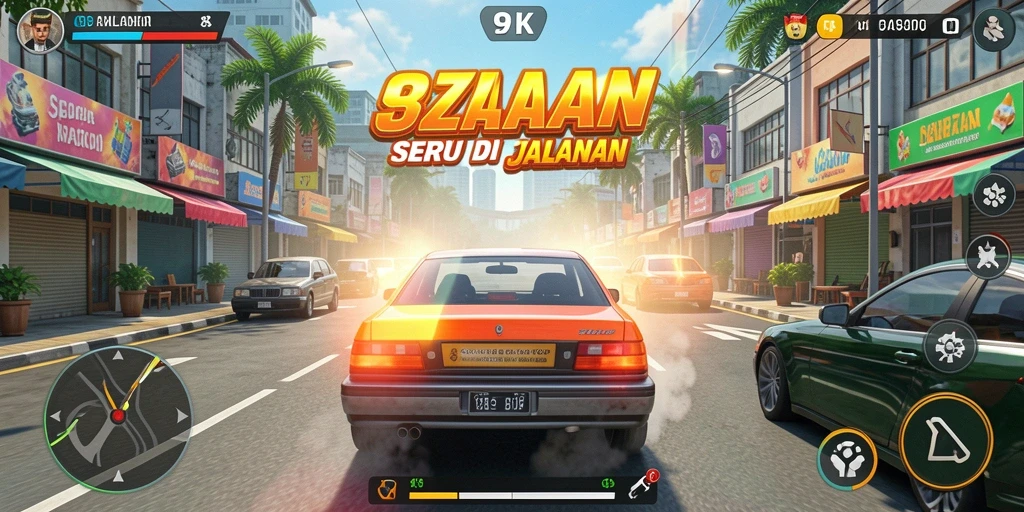 Screenshot gameplay 9ZK yang menunjukkan aksi balapan mendebarkan.