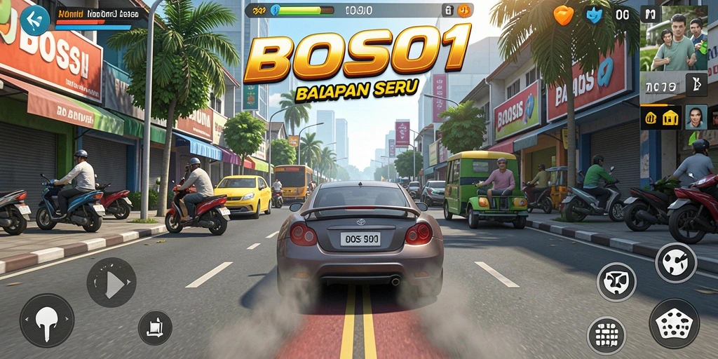Tangkapan layar utama BOS01 menampilkan aksi balapan yang mendebarkan.