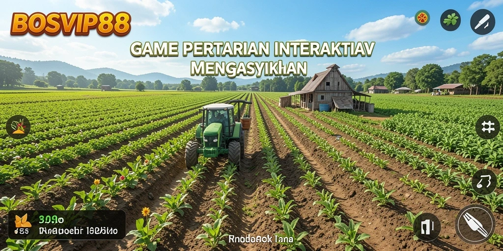 Tampilan gameplay BOSVIP88 dengan ladang subur dan hewan yang menggemaskan.