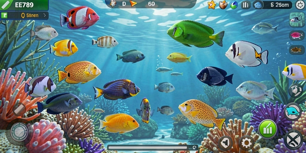 Screenshot gameplay dari EE789 yang menunjukkan aksi tembak ikan.