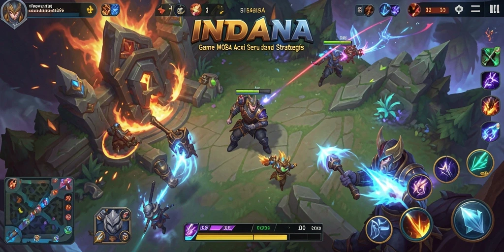 Tangkapan layar utama gameplay INDAAA menampilkan pertarungan seru antar karakter MOBA.