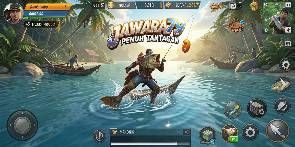Tampilan gameplay seru di JAWARA79 yang menunjukkan aksi memancing.