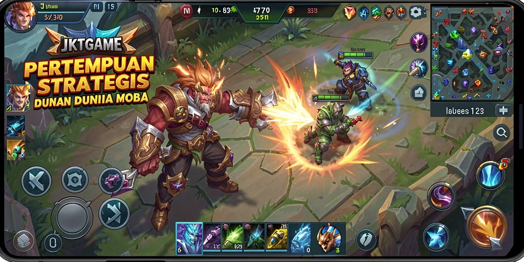 Tampilan aksi seru di JKTGAME dengan pertarungan MOBA yang mendebarkan.