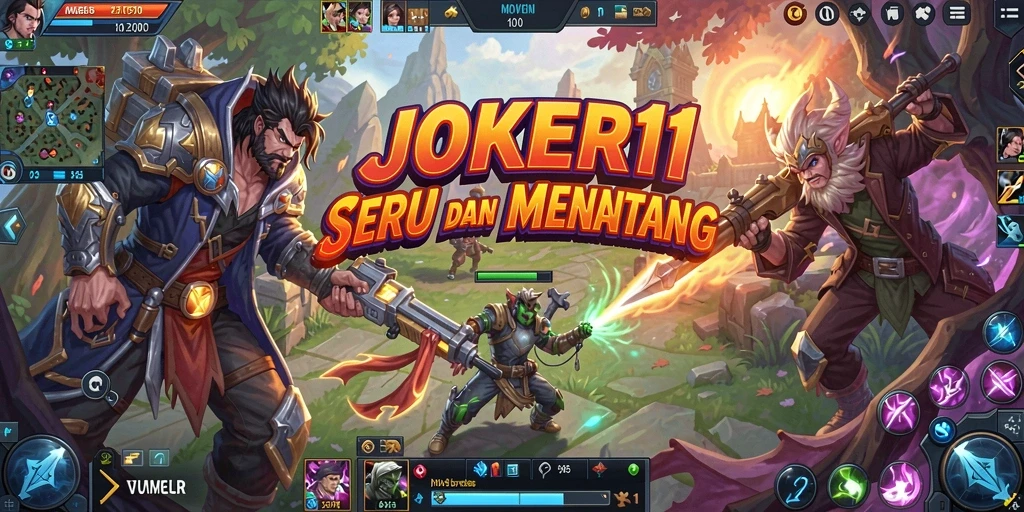 Screenshot gameplay JOKER11 menunjukkan aksi pertarungan yang mendebarkan dan karakter berwarna-warni.