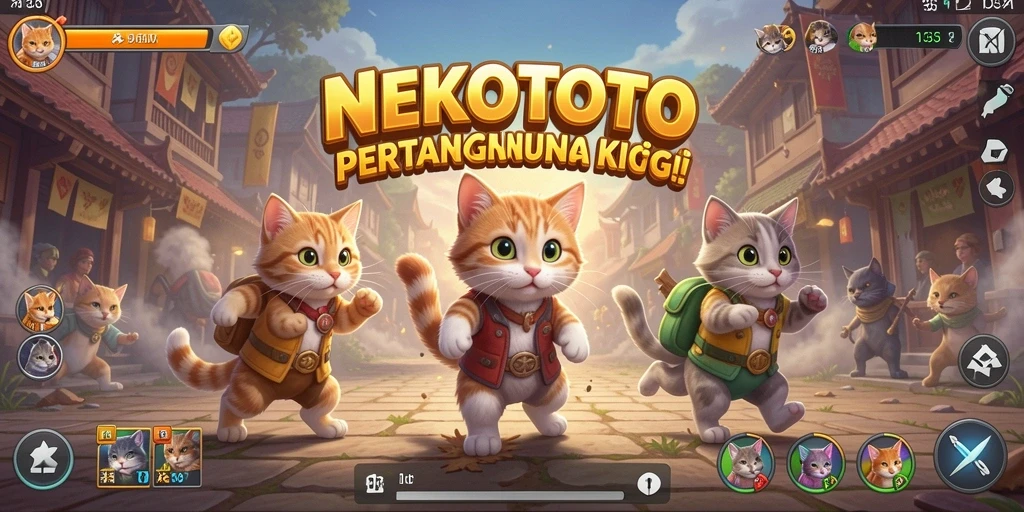Tampilan pertarungan seru di NEKOTOTO dengan karakter kucing yang unik.