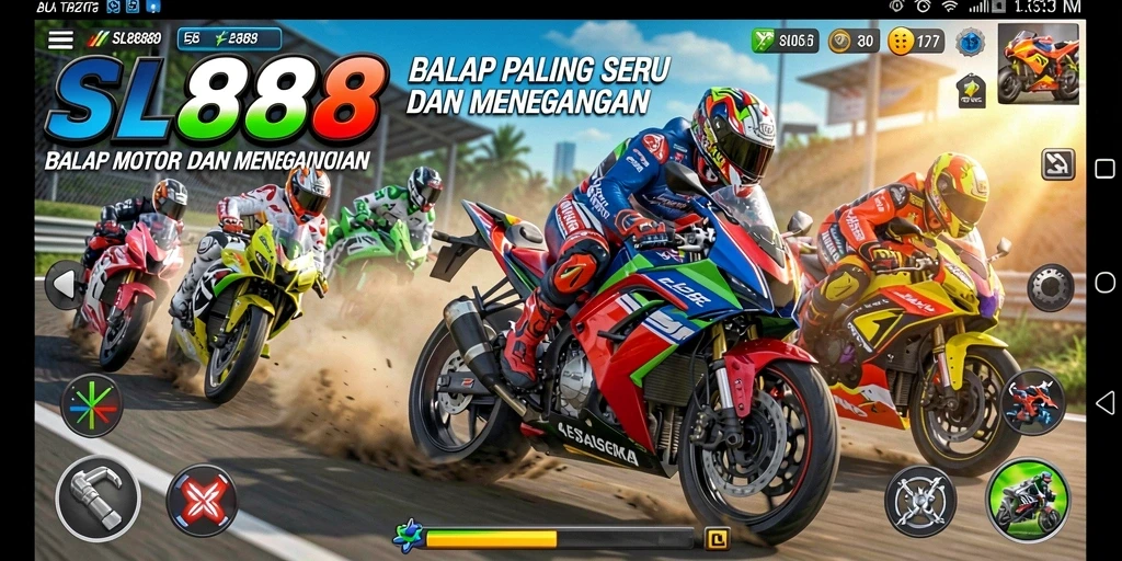 Tampilan gameplay <strong>SL888</strong> yang mendebarkan dalam balapan motor.