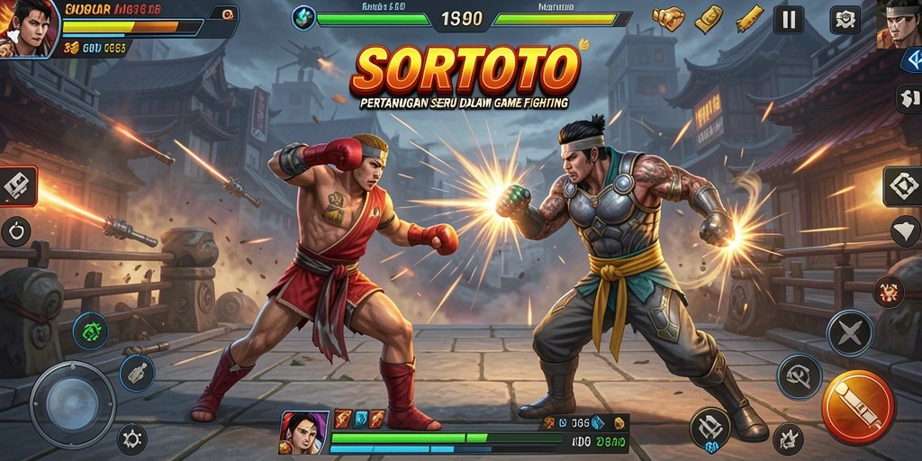 Screenshot gameplay SORTOTO menampilkan pertarungan yang intens dan karakter yang beragam.
